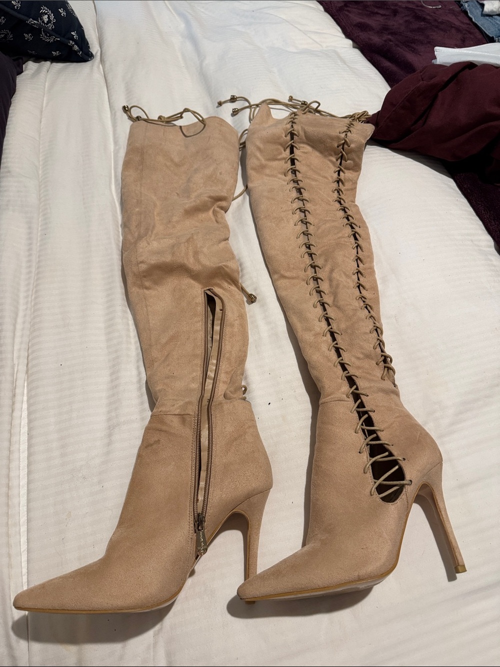 Over-the-Knee Lace-Up Pointed Toe Stiletto Boots - Beige